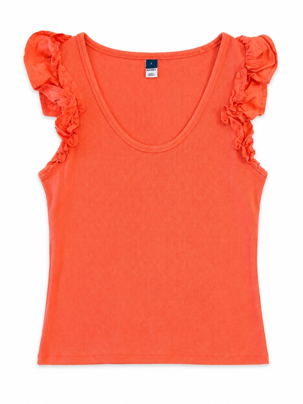 Old Navy Coral Orange Ribbed Ruffle Sleeve Scoop Neck Cotton Tank Top Size L